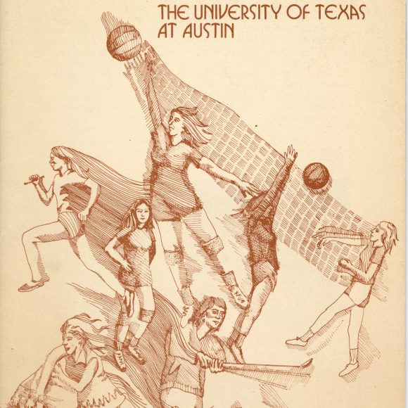 The cover of the first women's intercollegiate athletics for women media guide with sketches of different women playing different sports.