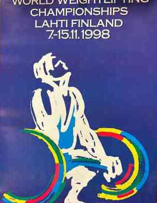 Colorful weightlifting poster of the World Weightlifting Championships in Lahti Finland in 1998