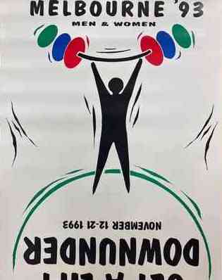Colorful poster from the 1993 Melbourne World Weightlifting Championships for Men and Women