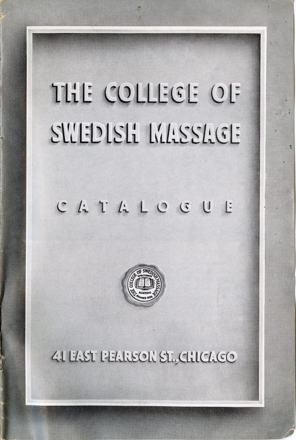 Cover of the College of Swedish Massage Catalogue with an address in Chicago