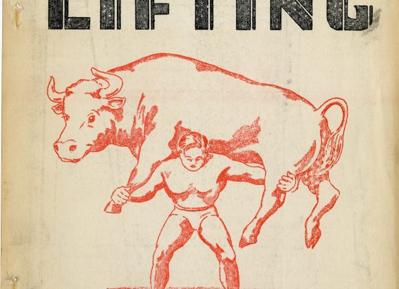 Cover of The Chicago Park District Weight Lifting manual from 1950. An illustration of a strongman with a bull on his shoulders in red.