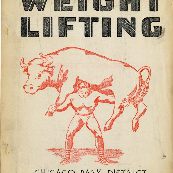 Cover of The Chicago Park District Weight Lifting manual from 1950. An illustration of a strongman with a bull on his shoulders in red.