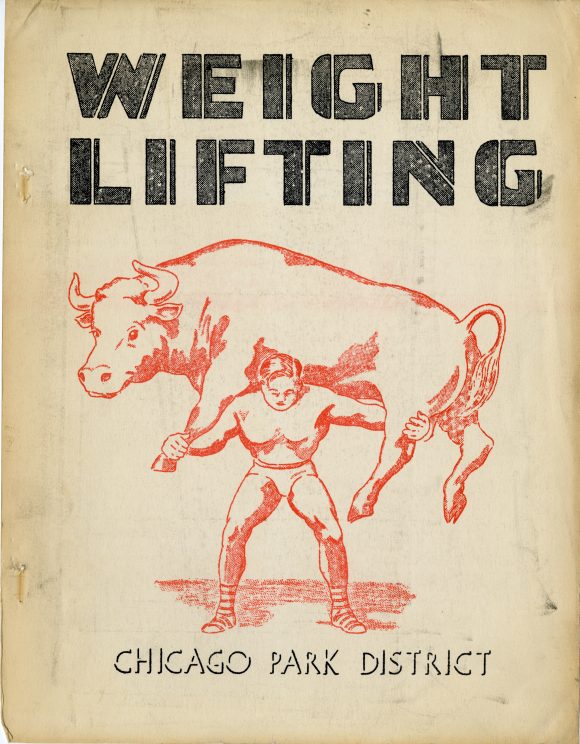 Cover of The Chicago Park District Weight Lifting manual from 1950. An illustration of a strongman with a bull on his shoulders in red.