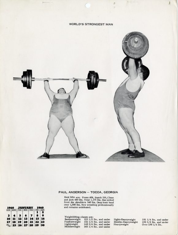 First page of the 1960 Weightlifting calendar featuring the world's strongest man, Paul Anderson with two photos of him lifting.