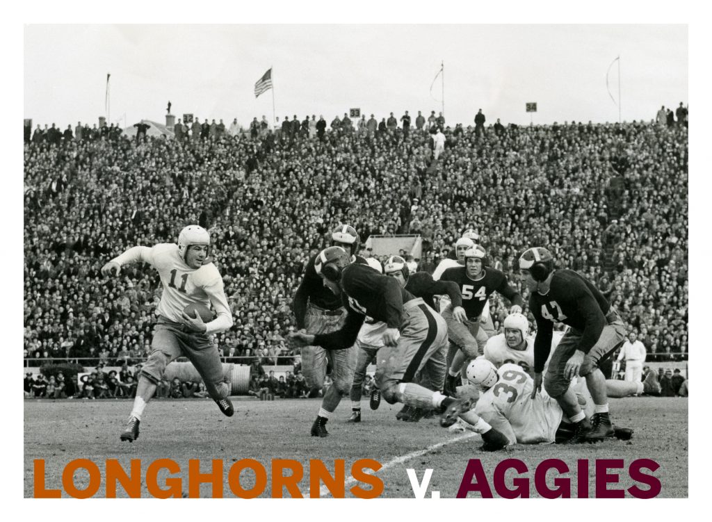 A black and white photo of on-field football action between the Texas Longhorns and Texas A&M Aggies, circa 1940. Text at the bottom of the image reads, "Longhorns v. Aggies."
