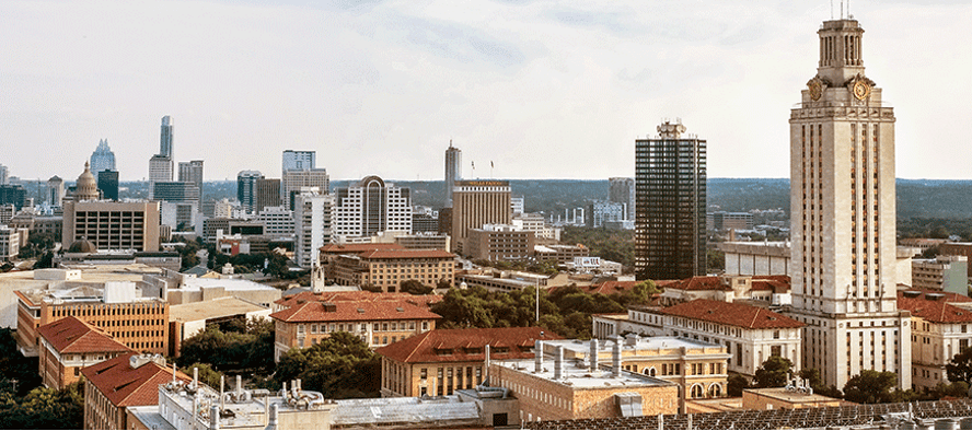 The University of Texas is in the heart of downtown Austin, making it a convenient vacation spot for academics. Looking south in this photo you can see the tall UT administration tower, the rotunda of the capital building, and the skyscrapers of Austin’s vital urban center. Come join us and see why people have made Austin one of America’s most popular destinations.