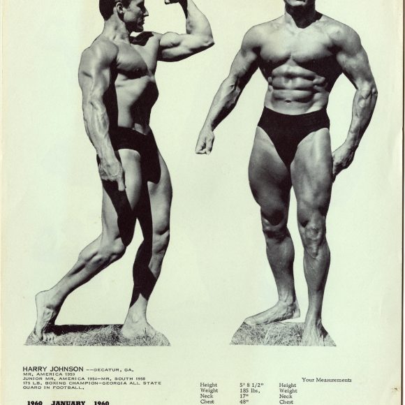 hxw_pamphlet_Bodybuilder_Calendar001 Bodybuilder Harry Johnson, 1959 Mr. America on the January 1960 calendar with his measurements and accomplishments.