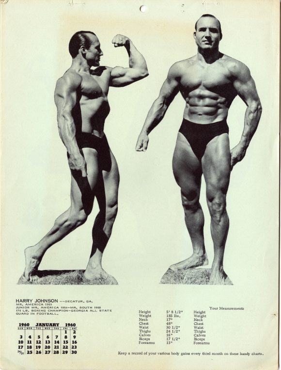 hxw_pamphlet_Bodybuilder_Calendar001 Bodybuilder Harry Johnson, 1959 Mr. America on the January 1960 calendar with his measurements and accomplishments.