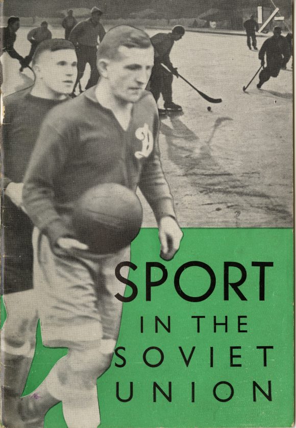 Black and white cover with green beneath Sport in the Soviet Union text with photos of a soccer player, hockey player and a female runner.