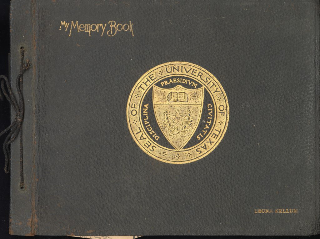 Brown leather cover with gold embossing UT symbol and Leona Kellum Harris.