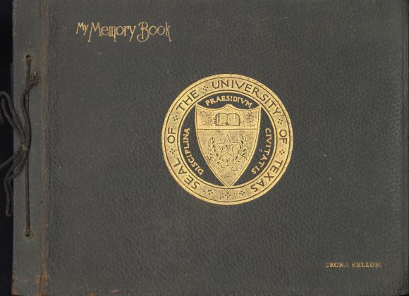 knh_scbk_001 Brown leather cover with gold embossing UT symbol and Leona Kellum Harris.