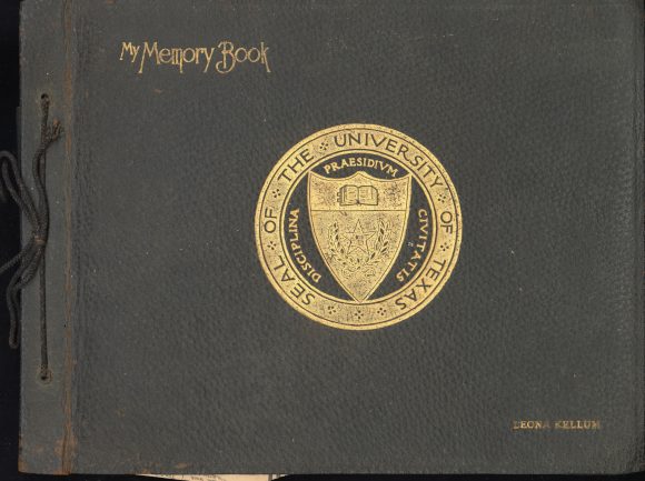 Brown leather cover with gold embossing UT symbol and Leona Kellum Harris.