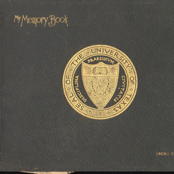 Brown leather cover with gold embossing UT symbol and Leona Kellum Harris.