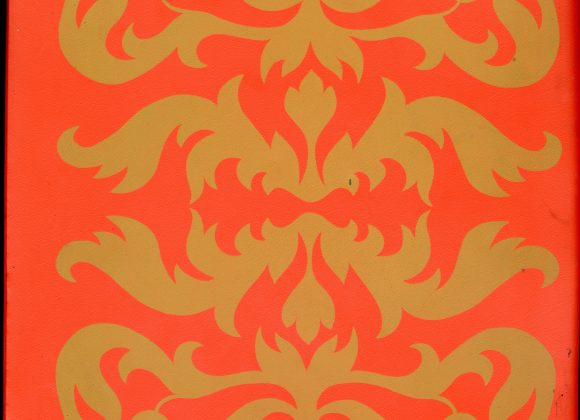 A red background with gold leafy designs.