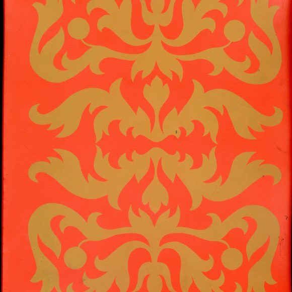 A red background with gold leafy designs.