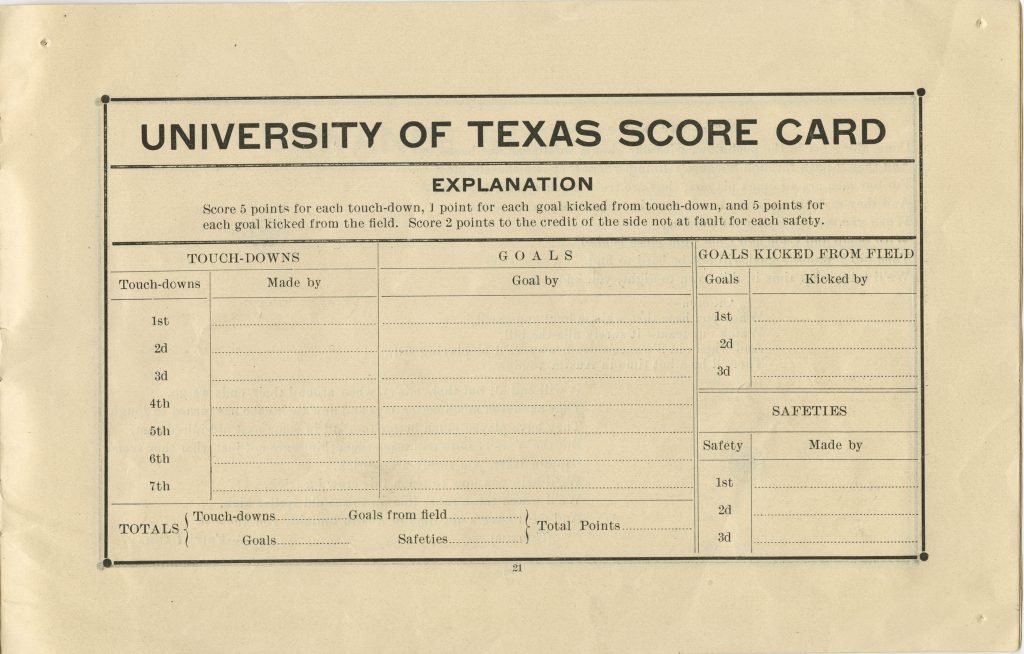 University of Texas football game score card from the 1898 Sewanee football game.