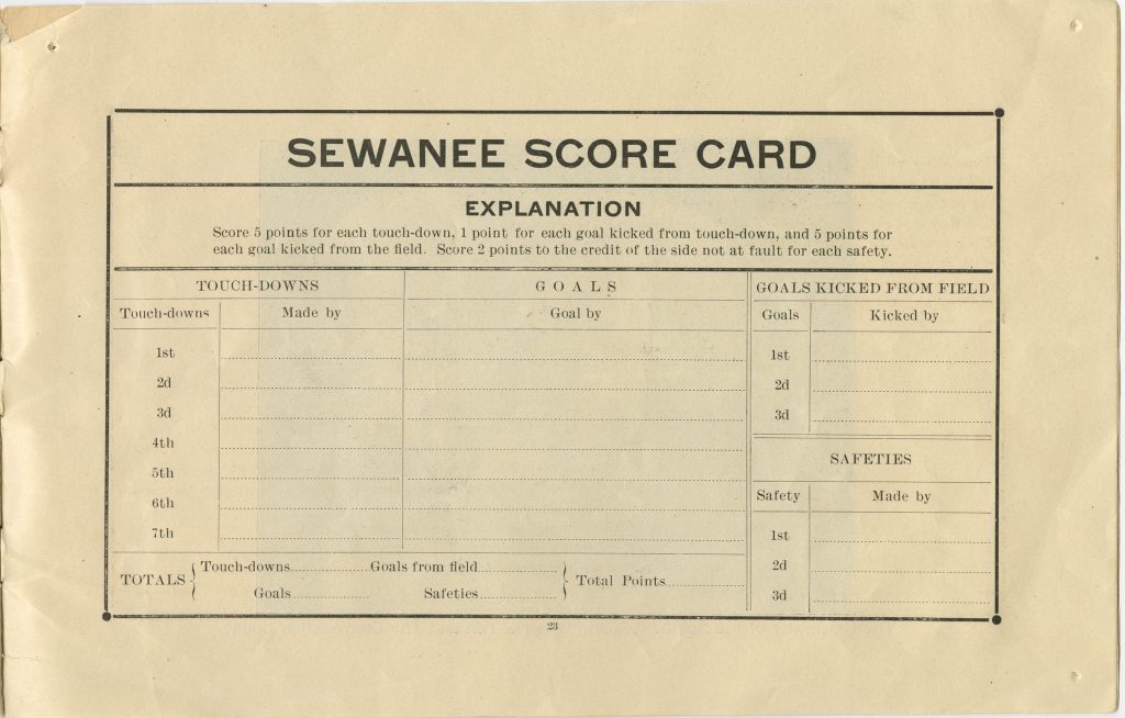 Sewanee scorecard for the football game in 1898 vs. the University of Texas.