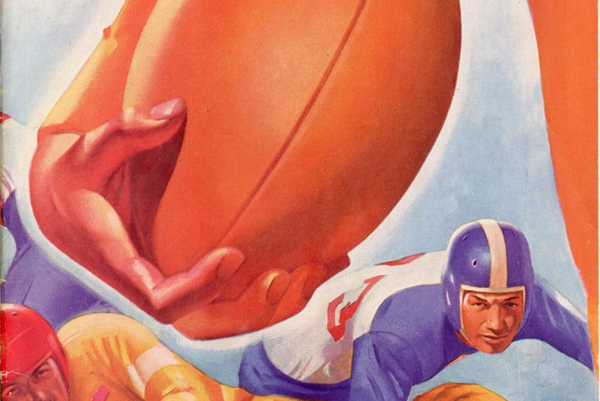 1945_rice Cover of the 1945 UT vs. Rice football game with colorful scene of two players in orange on the ground with a player in blue falling on them an a ball being carried in the foreground.