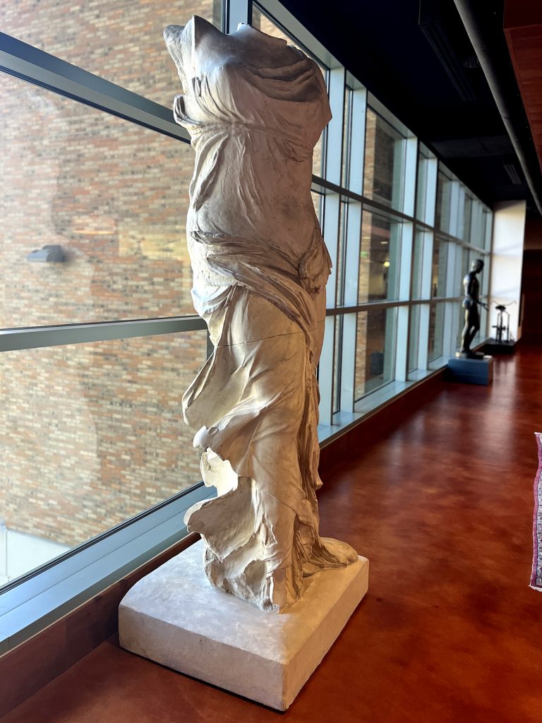 The fully assembled Battle cast, Winged Victory of Samothrace, now on display in the Stark Center reading room.