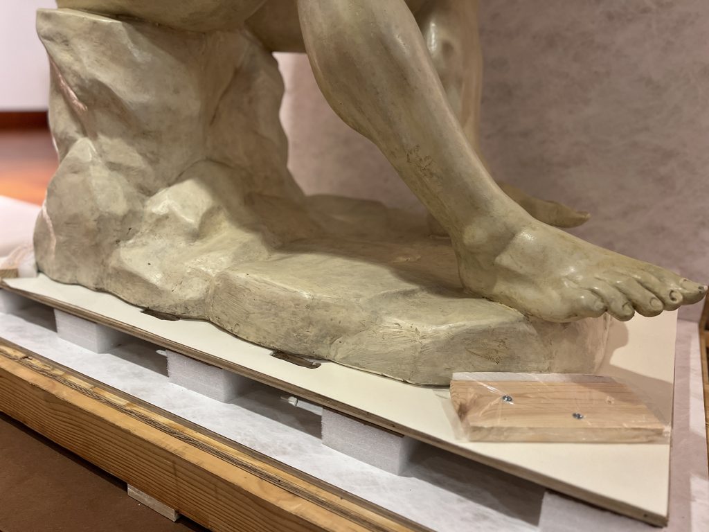 The specialized floor of a crate intended to ship The Seated Boxer to the Philadephia Museum of Art.