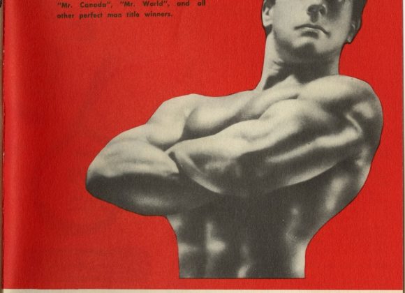 Cover of Joe Weider's 15 Exciting Courses to a He-Man Body. Cover is red and there is a photo of Joe Weider in a side chest pose.