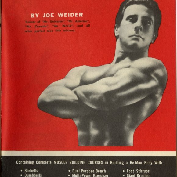 Cover of Joe Weider's 15 Exciting Courses to a He-Man Body. Cover is red and there is a photo of Joe Weider in a side chest pose.