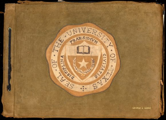 Brown suede cover with the University of Texas Seal on the cover of George Harris's scrapbook from the 1920s.