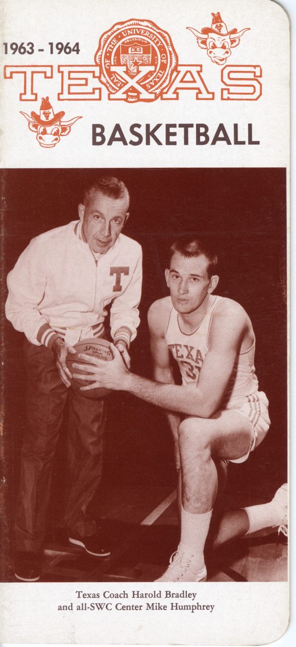 Cover of the 1963-1964 Texas Longhorn men's basketball media guide cover with Coach Harold Bradley and all-Southwest Conference Center Mike Humphrey