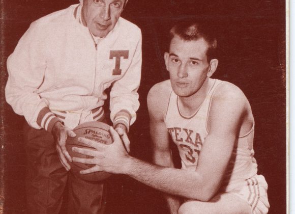 Cover of the 1963-1964 Texas Longhorn men's basketball media guide cover with Coach Harold Bradley and all-Southwest Conference Center Mike Humphrey