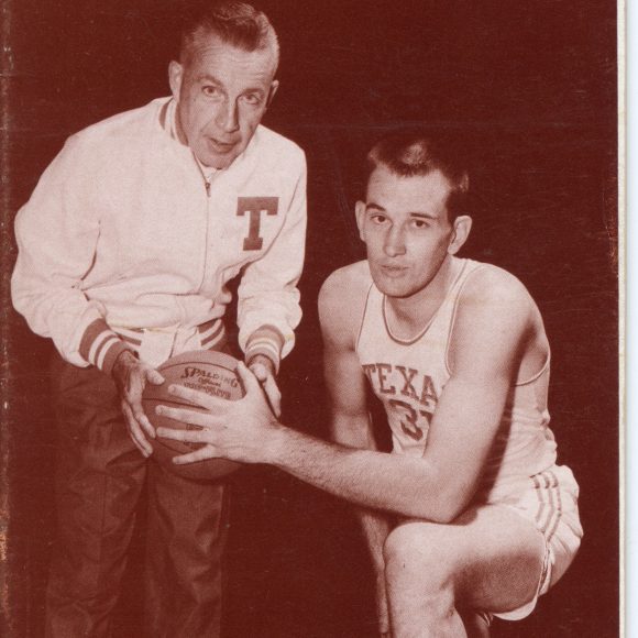 Cover of the 1963-1964 Texas Longhorn men's basketball media guide cover with Coach Harold Bradley and all-Southwest Conference Center Mike Humphrey