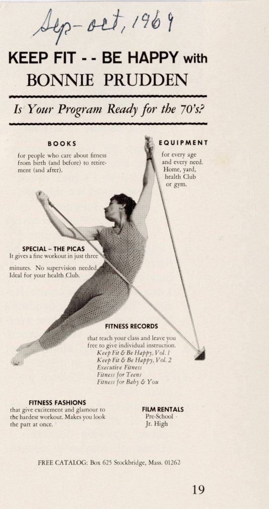 Bonnie stretching with picas poles surrounded by text advertising books, equipment, the picas, fitness records, fitness fashions, and film rentals. 