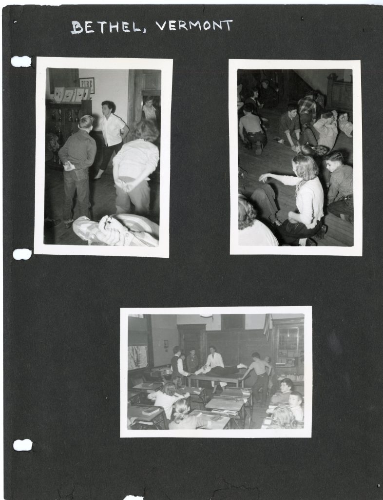 Three images on black construction paper labeled Bethel, Vermont. Images show Bonnie with children stretching. 