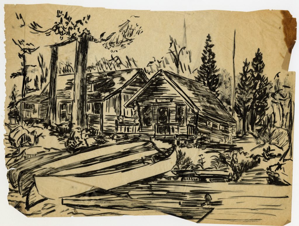 Drawing of cabins with canoes in front and trees surrounding. 