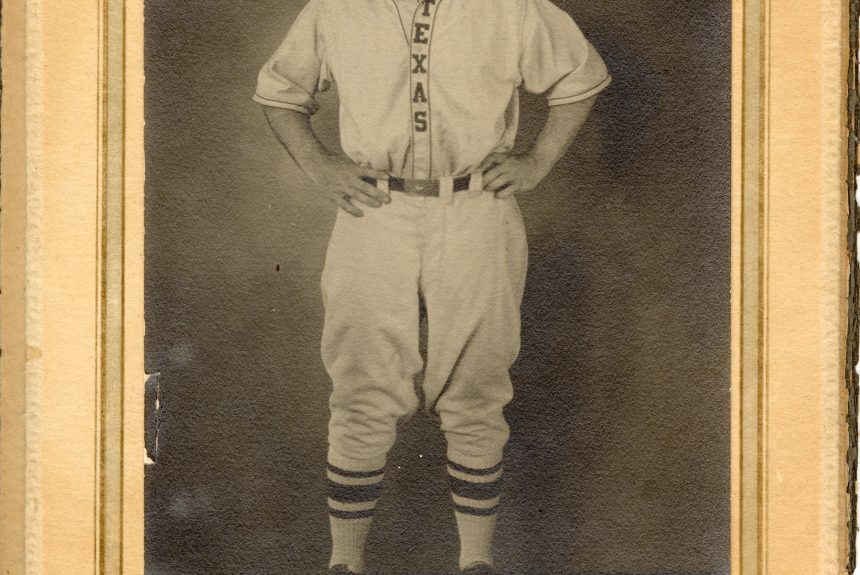 UT_BSB_1928_Armstrong_Maurice_01 copy A photo of a man in a University of Texas varsity baseball uniform from 1928 secured in matting from University Studio