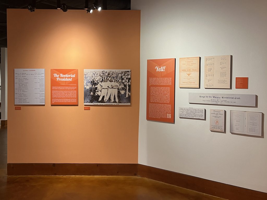 A color photograph of text panels and document reproductions in new Stark Center exhibit.