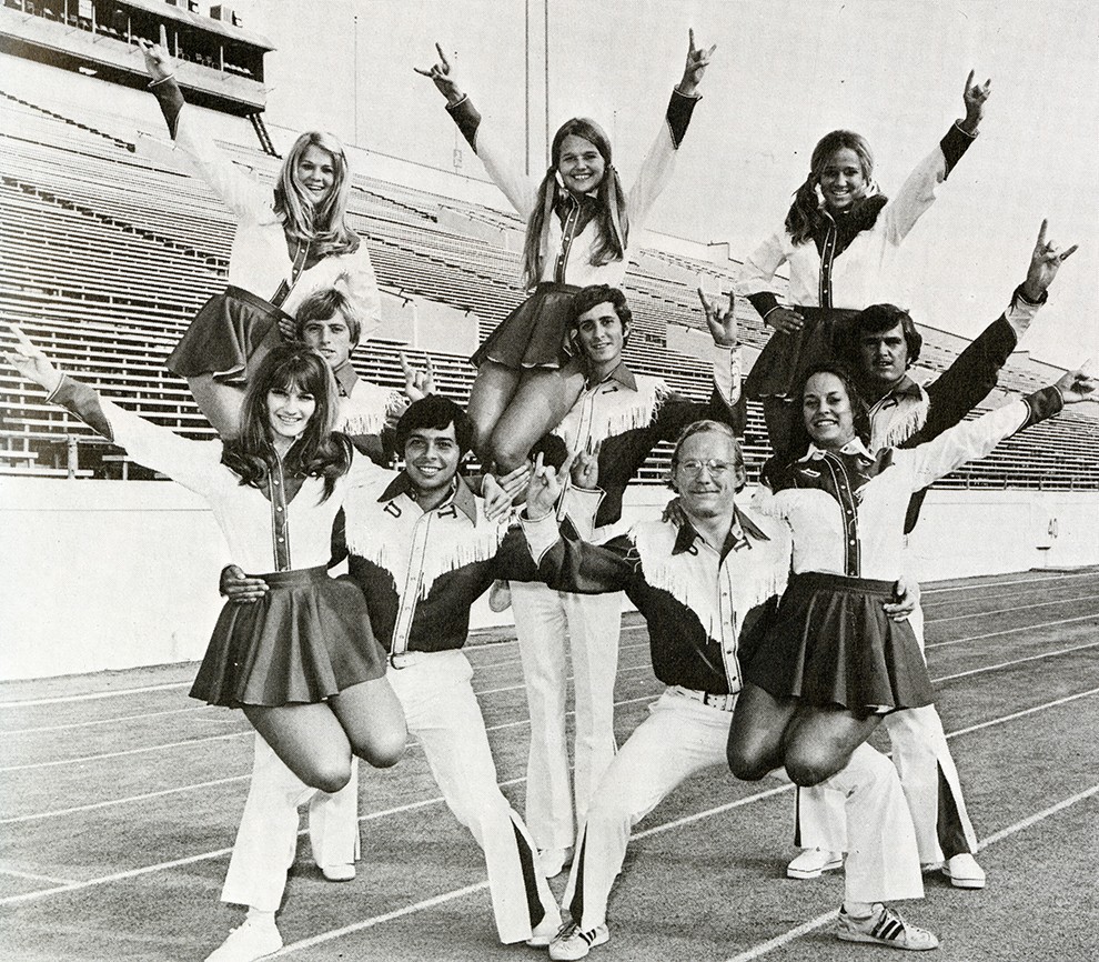 A black and white photo of the University of Texas cheerleading team from 1972